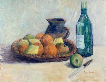 Tom Scott (20th/21st Century), Still Life - Jug, Bottle and Fruit at Morgan O'Driscoll Art Auctions