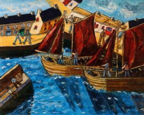 Orla Egan (20th/21st Century), Hookers Leaving Roundstone Harbour, Co. Galway at Morgan O'Driscoll Art Auctions