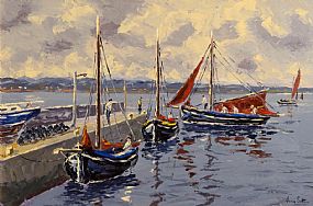 Ivan Sutton (b.1944), Galway Hookers at Carraroe Pier, Co Galway at Morgan O'Driscoll Art Auctions