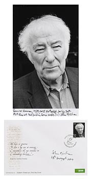 John Minihan, Seamus Heaney on his 70th Birthday at his home in Dublin 2009 and First Day Cover of An Post Stamp at Morgan O'Driscoll Art Auctions