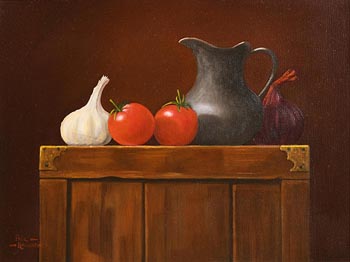 Paul Kavanagh, Pewter Jug, Garlic, Tomatoes and Red Onion at Morgan O'Driscoll Art Auctions