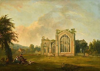 George Barret RA, A Landscape with Figures and the Ruins of Melrose Abbey, Roxburghshire at Morgan O'Driscoll Art Auctions