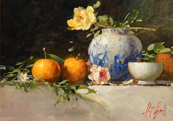 Mat Grogan, Flowers, Fruits and a Chinese Vase at Morgan O'Driscoll Art Auctions