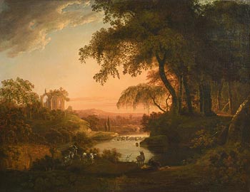 attributed to Nathaniel Grogan, River Scene with Classical Ruins and Animals at Morgan O'Driscoll Art Auctions