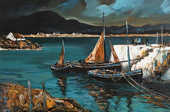 J.P. Rooney, Black Irish Fishing Boats (A Deep Green Memory) at Morgan O'Driscoll Art Auctions