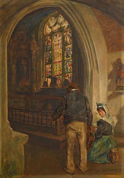 Aloysius C. O'Kelly, Breton Church Interior with Figures at Morgan O'Driscoll Art Auctions