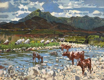 Maurice Joseph MacGonigal, Cattle and Sheep by the Stream at Morgan O'Driscoll Art Auctions