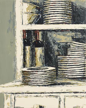 Yvonne Moore, Two Wine Bottles and Stacked Dishes at Morgan O'Driscoll Art Auctions