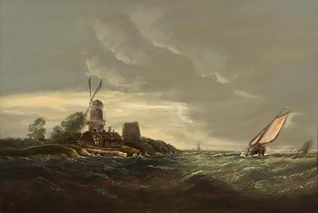 William Sadler, Coastal Scene with Buildings, Windmill and Boat at Morgan O'Driscoll Art Auctions