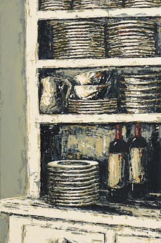 Yvonne Moore, Wine Bottles and Stacked Dishes at Morgan O'Driscoll Art Auctions