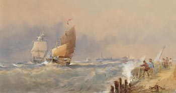 Edwin Hayes, Shipping in Rough Seas Off A Pier at Morgan O'Driscoll Art Auctions