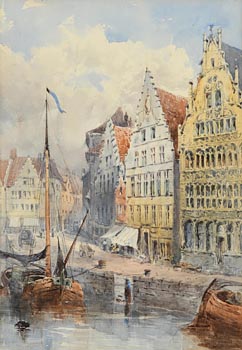 William Bingham McGuinness RHA (1849-1928), Old Houses on the Quay, Ghent (1879) at Morgan O'Driscoll Art Auctions