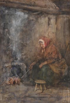 Henry Wright, Connemara Woman Cooking by an Open Hearth (1893) at Morgan O'Driscoll Art Auctions