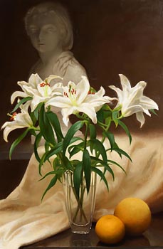 Conor Walton, Vase of Lilies with Citrus Fruit at Morgan O'Driscoll Art Auctions
