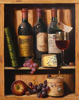 Raymond Campbell, Still Life - Wine Bottles, Cheese and Grapes at Morgan O'Driscoll Art Auctions