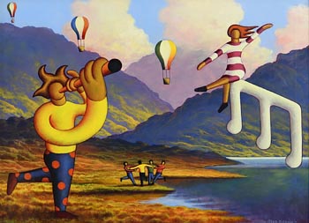 Alan Kenny, Connemara Landscape with Dancers, Balloons, and Musicians (2015) at Morgan O'Driscoll Art Auctions