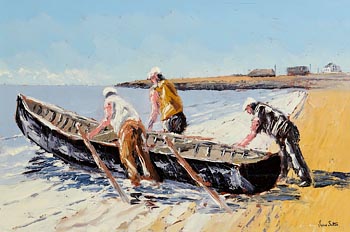Ivan Sutton, Launching Currach, An Tra, Inisheer, Co. Galway at Morgan O'Driscoll Art Auctions