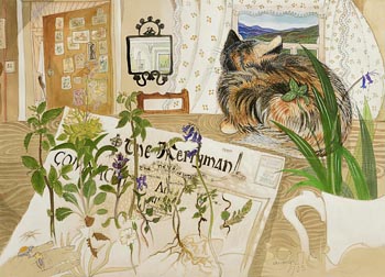 Pauline Bewick, Kerryman, Flowers and a Cat at Home (1983) at Morgan O'Driscoll Art Auctions
