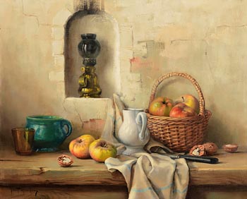 Robert Chailloux, Still Life - Apples and Walnut with Oil Lamp at Morgan O'Driscoll Art Auctions