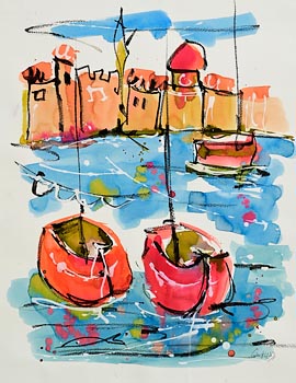 Danielle Canellas, Boats in the Harbour, Collioure at Morgan O'Driscoll Art Auctions