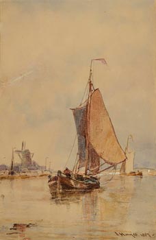 Edwin Hayes, Dutch Sailing Barge on a Calm Waterway (1889) at Morgan O'Driscoll Art Auctions