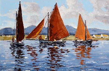 Ivan Sutton, Becalmed Galway Hookers, Roundstone Bay at Morgan O'Driscoll Art Auctions