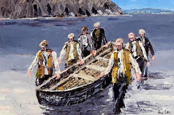 Ivan Sutton, Hauling Up the Currach, Keem Beach, Achill at Morgan O'Driscoll Art Auctions