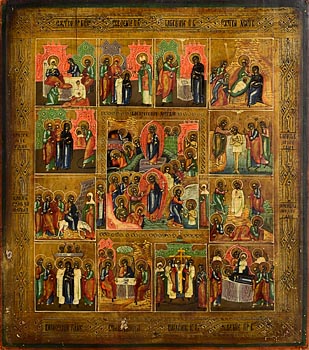 19th Century Russian Icon, Resurrection, Descent and Twelve Major Feasts at Morgan O'Driscoll Art Auctions