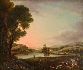 attributed to William Sadler (1782-1839), Early Evening with Figures Fishing, Cattle and Sheep being Herded in the Foreground at Morgan O'Driscoll Art Auctions