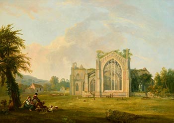 George Barret, A Landscape with Figures and the Ruins of Melrose Abbey, Roxburghshire at Morgan O'Driscoll Art Auctions
