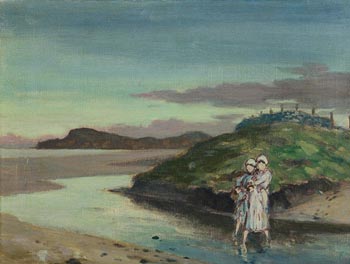 George William Russell, Two Girls Before A Ringfort (c.1920) at Morgan O'Driscoll Art Auctions