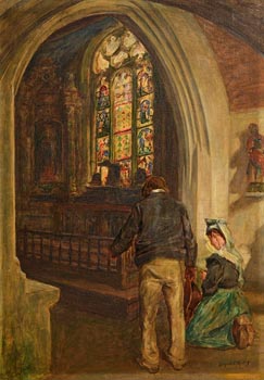 Aloysius C. O'Kelly, Breton Church Interior with Figures at Morgan O'Driscoll Art Auctions