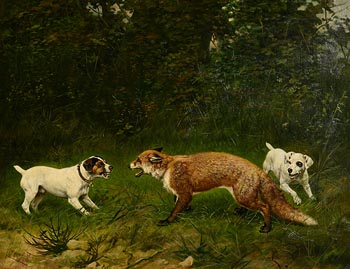 Casper von Reth (1858-1913), Hunting Dogs and Fox (1897) at Morgan O'Driscoll Art Auctions