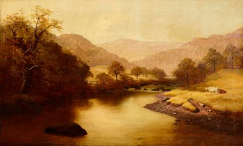 William Gillard, Autumnal River Landscape with Cows in the Foreground, Mountains Beyond (1876) at Morgan O'Driscoll Art Auctions