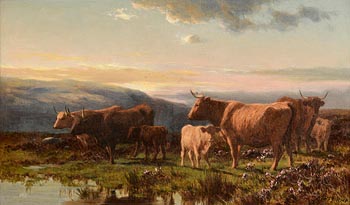 Alfred Grey, Highland Cattle and Calves in a Landscape at Morgan O'Driscoll Art Auctions