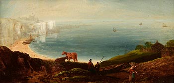 William Sadler, Coastal Landscape with Fishermen and Animals, Boats Beyond at Morgan O'Driscoll Art Auctions