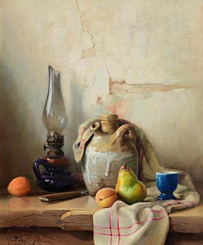Robert Chailloux, Still Life - Egg Cup, Peaches and Pear at Morgan O'Driscoll Art Auctions