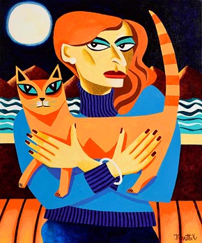 Graham  Knuttel (1954-2023), Girl with Ginger Cat Under Moonlight at Morgan O'Driscoll Art Auctions