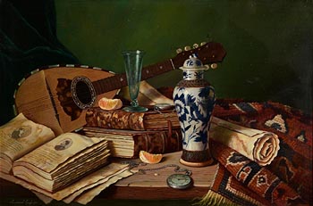 Raymond Campbell, Still Life - Mandolin, Books and China Vase on Tabletop at Morgan O'Driscoll Art Auctions