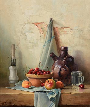 Robert Chailloux, Still Life - Wine Jug, Fruit, and Glass on Tabletop at Morgan O'Driscoll Art Auctions