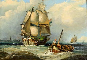 Attributed to Frederick Calvert, Ships and Boats at Sea, Coastal Landscape Beyond at Morgan O'Driscoll Art Auctions