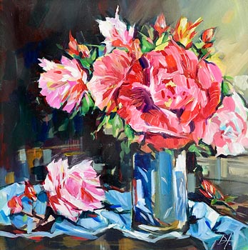 Douglas Hutton, Roses and Blue Vase (2022) at Morgan O'Driscoll Art Auctions