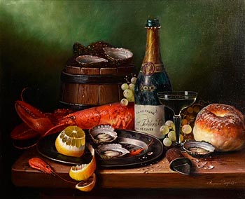 Raymond Campbell, Still Life - Wine Bottle, Lobster and Oyster at Morgan O'Driscoll Art Auctions