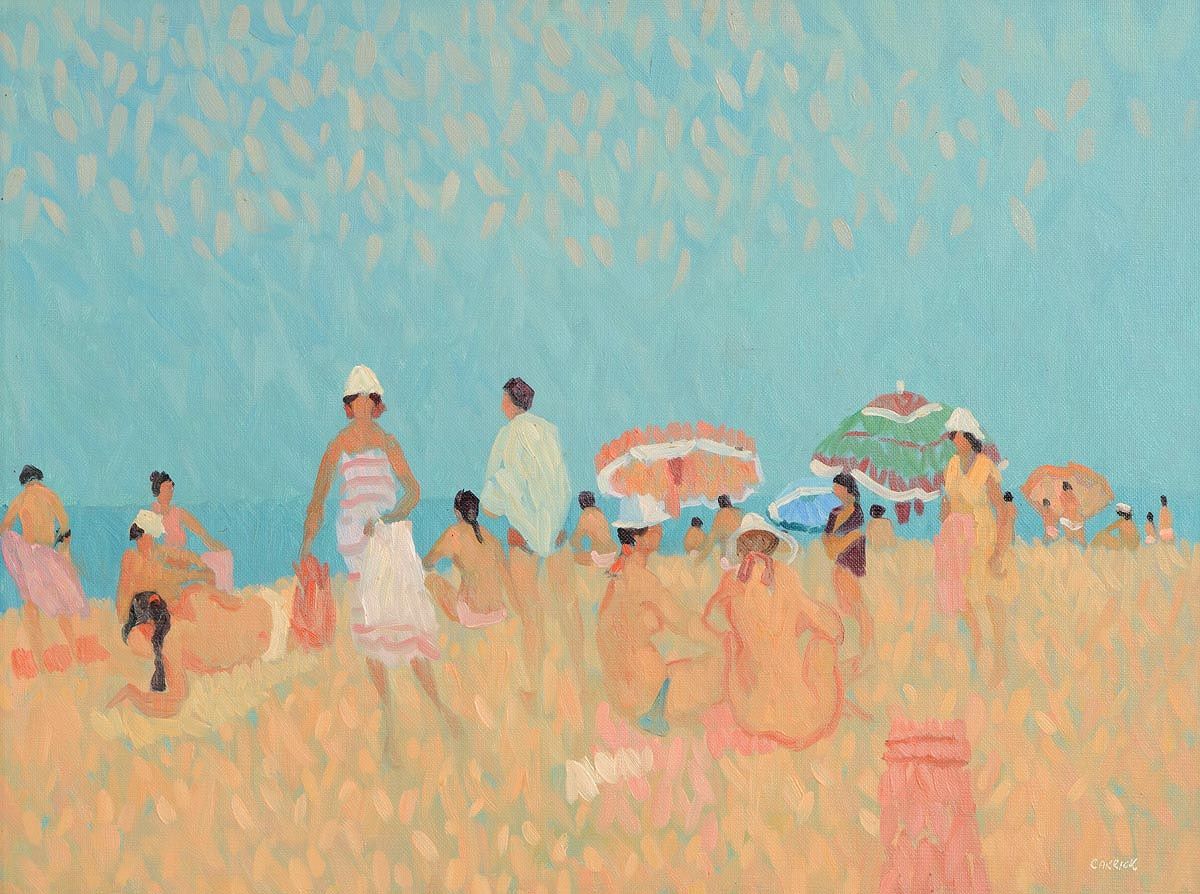 Desmond Carrick, Girl in Stripped Dress on Beach, Spain at Morgan O'Driscoll Art Auctions