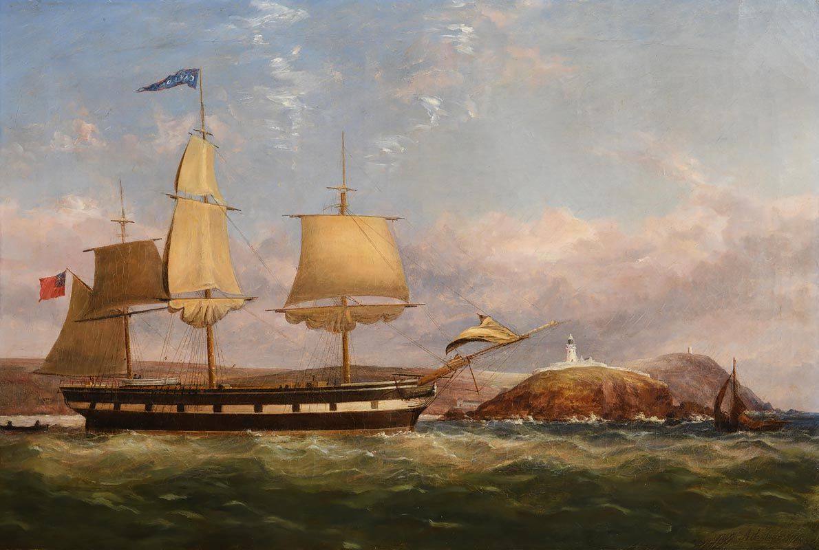 George Mounsey Wheatley Atkinson, A Barque passing Roches Point lighthouse, at the entrance to Cork Harbour (c.1850) at Morgan O'Driscoll Art Auctions