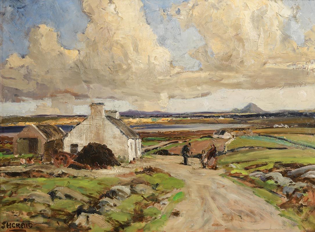 James Humbert Craig, Figures on a Path before a Cottage, Bay and Mountains Beyond at Morgan O'Driscoll Art Auctions