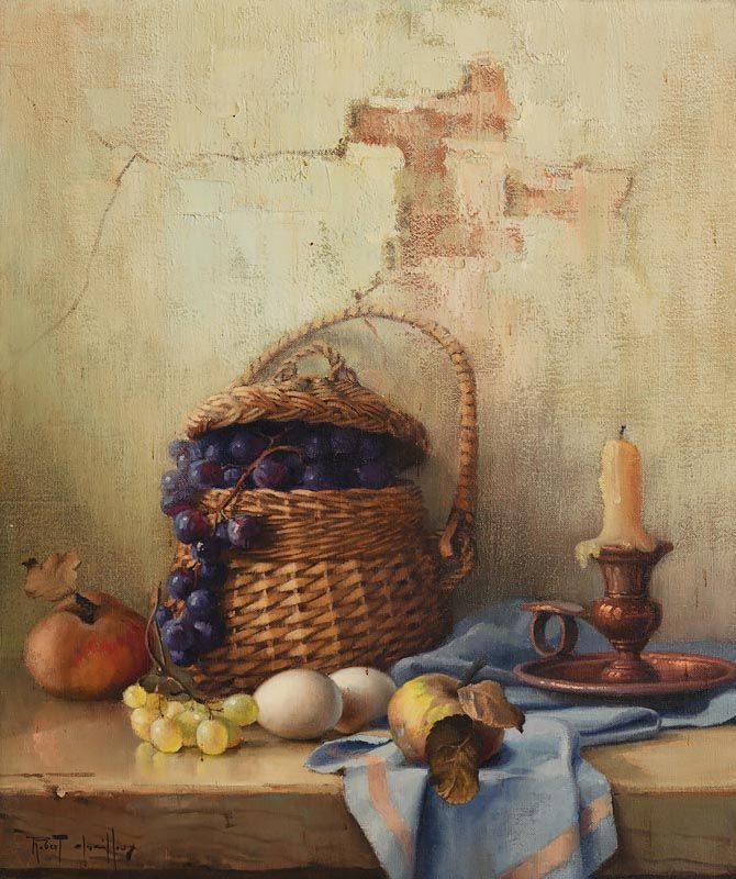 Robert Chailloux, Wicker Basket, Fruit and Candlestick at Morgan O'Driscoll Art Auctions