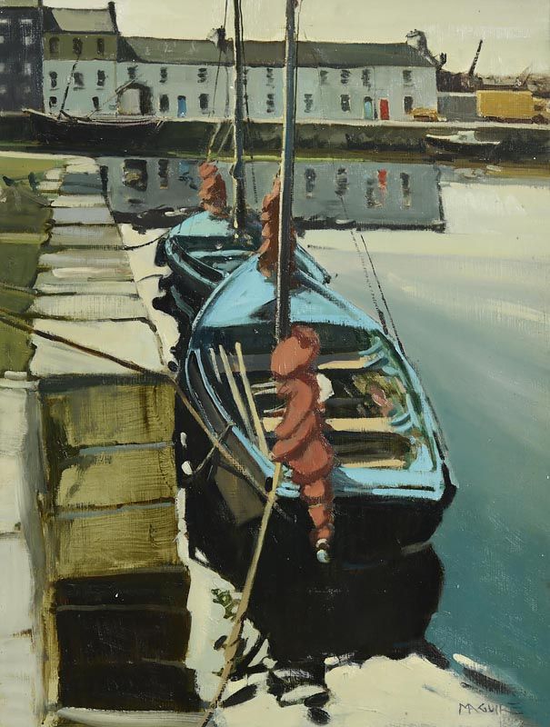 Cecil Maguire, Galway Hookers Moored at the Long Walk, Galway at Morgan O'Driscoll Art Auctions