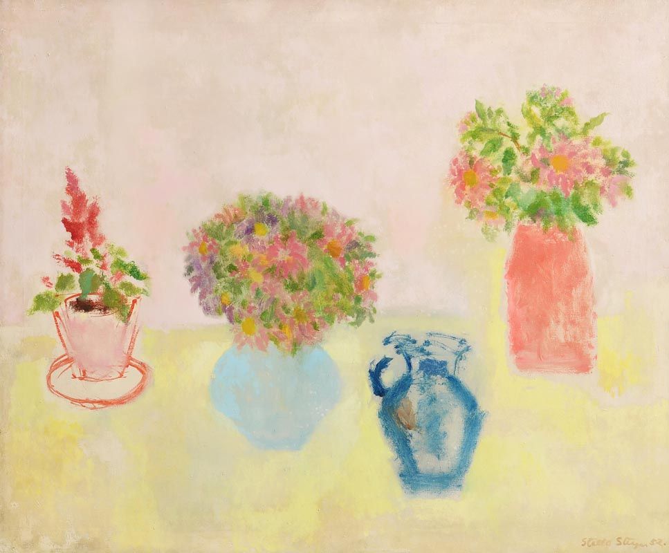 Stella Steyn, Still Life - Vases of Flowers and Blue Jug (1952) at Morgan O'Driscoll Art Auctions