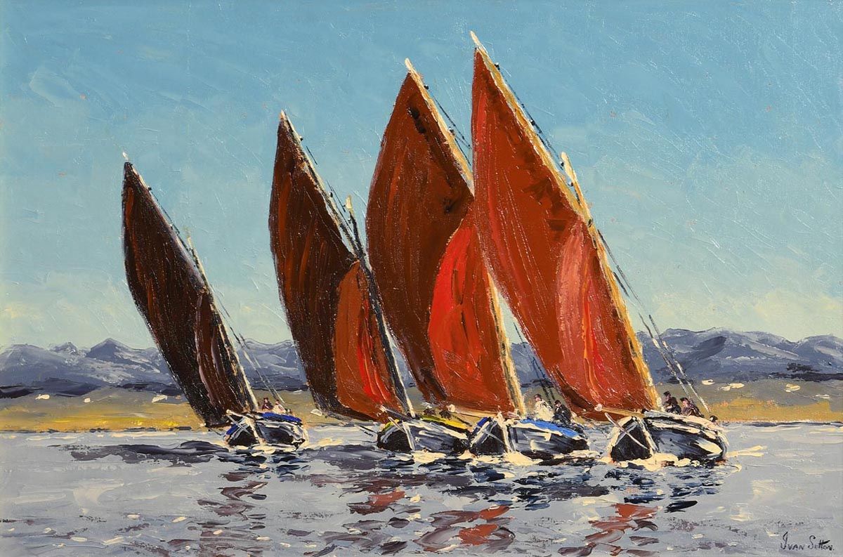 Ivan Sutton, Galway Hookers Racing Carraroe Bay, Co Galway at Morgan O'Driscoll Art Auctions